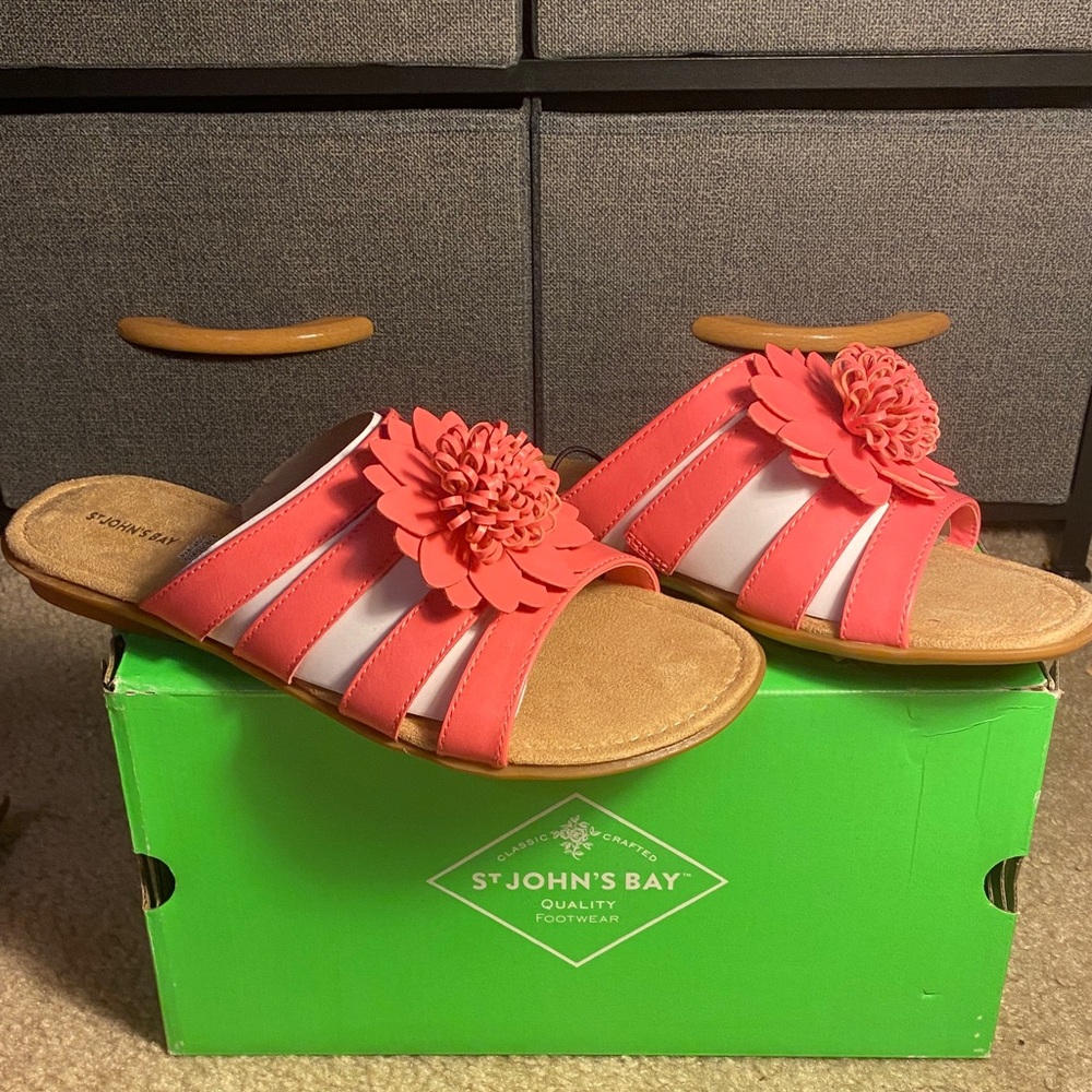 St. John's Bay Coral and White Floral Sandals 9M